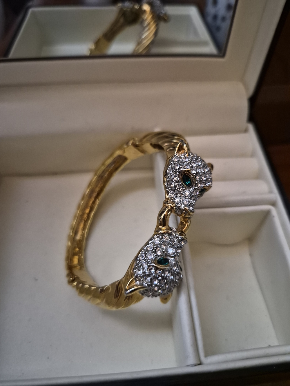 Vintage Gold Crystal Leopard Head Bracelet with Green Accents